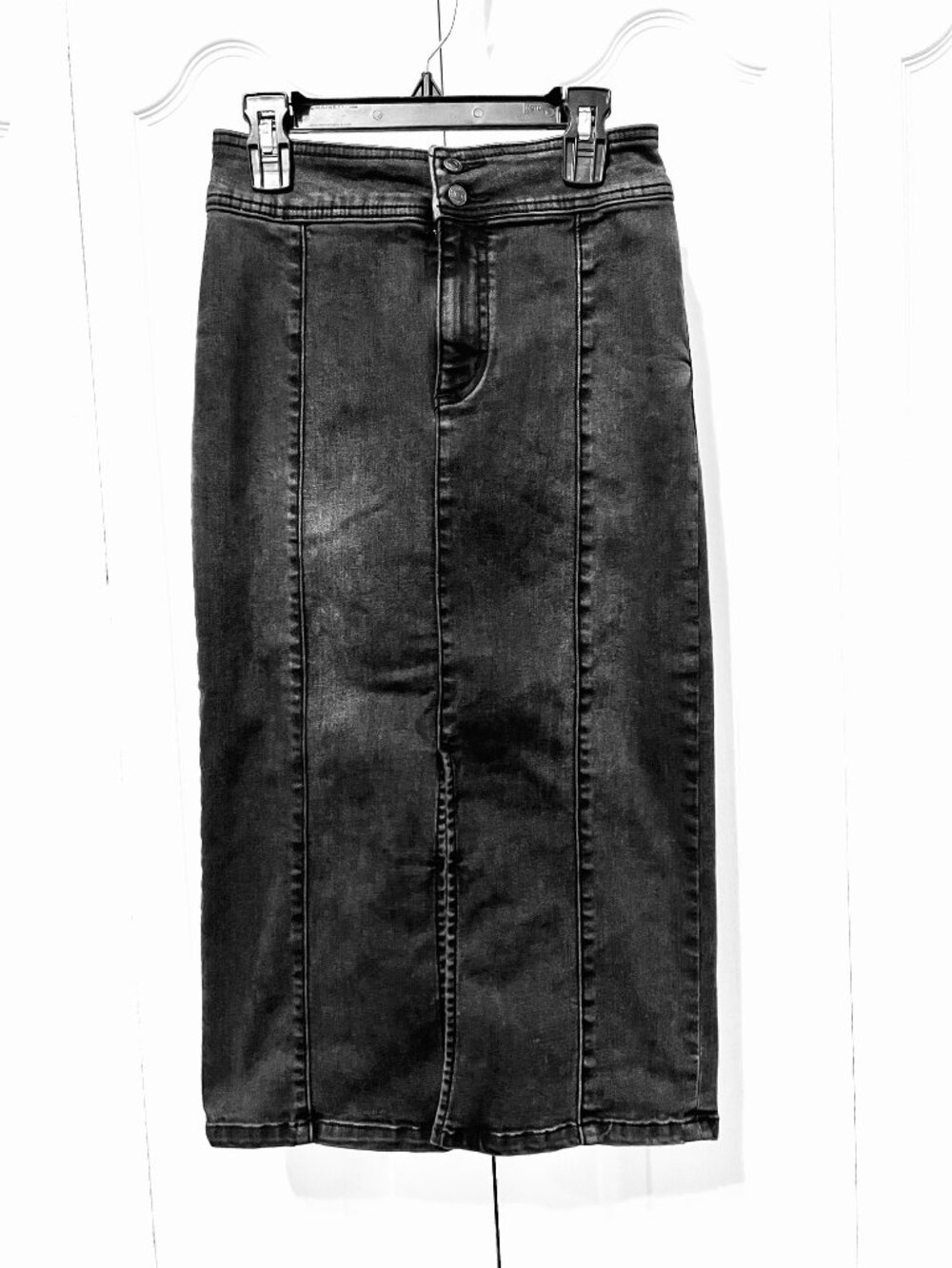 We The Free Black Denim Pencil Stretch Skirt-Twenty Six Regular-Slit Front-Women